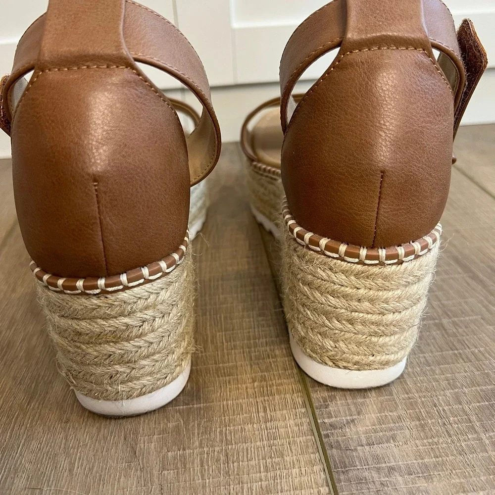 Soda Platform Wedge Sandals Cognac Brown Espadrille Ankle Strap Size 9 - Picture 6 of 9
